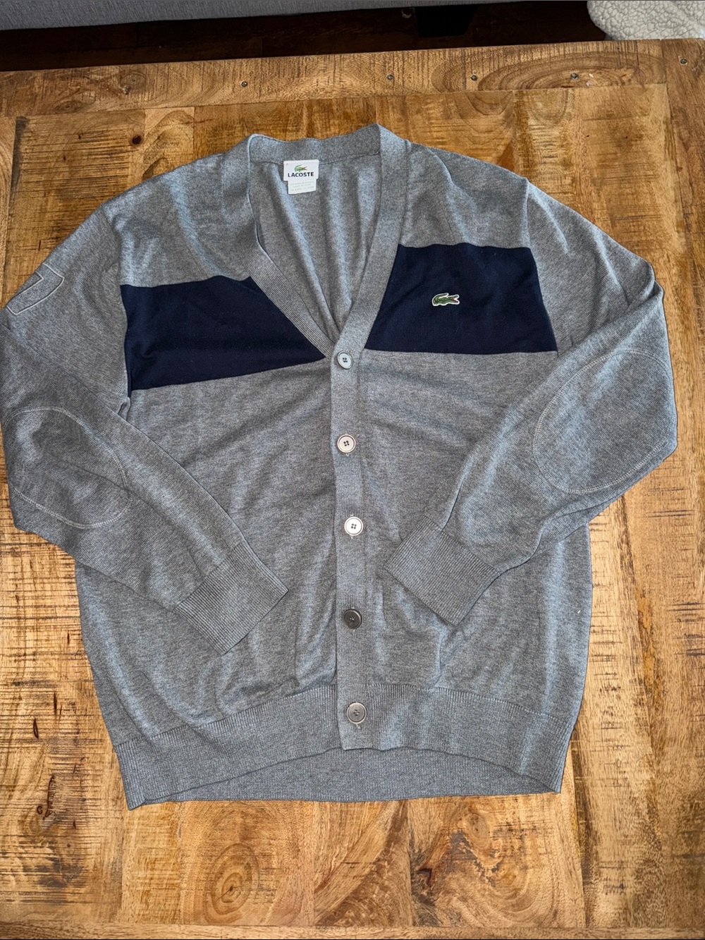 Lacoste Gray and Navy V‑Neck Button Cardigan